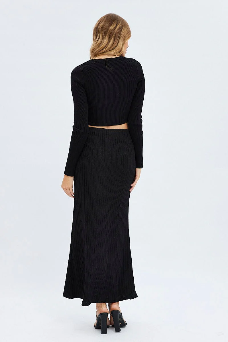 Black Maxi Skirt Mid Rise A-line Rib Jersey - Image 5
