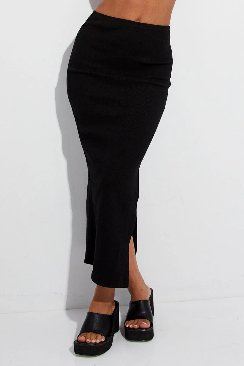 Black Maxi Skirt Mid Rise Rib Jersey - Image 2