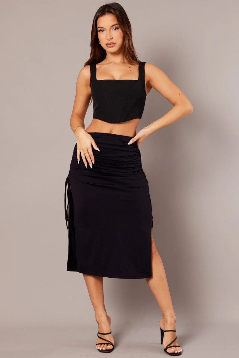 Black Maxi Skirt Side Ruched Jersey - Image 2