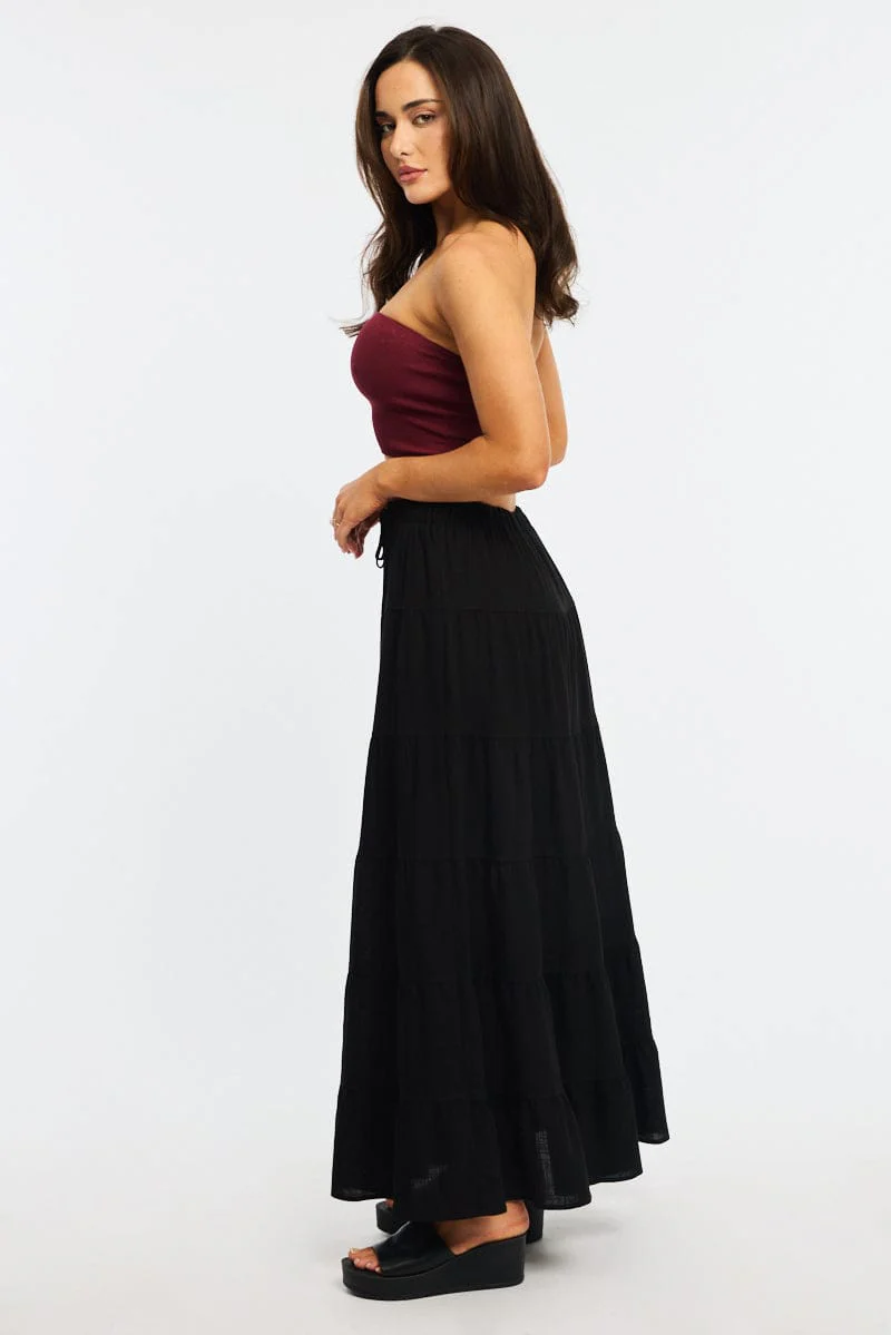 Black Maxi Skirt Tiered High Rise Linen Blend - Image 3