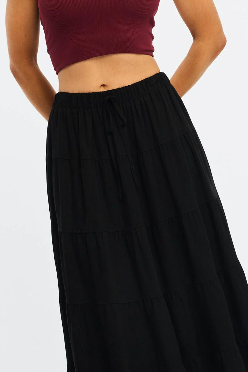 Black Maxi Skirt Tiered High Rise Linen Blend - Image 5