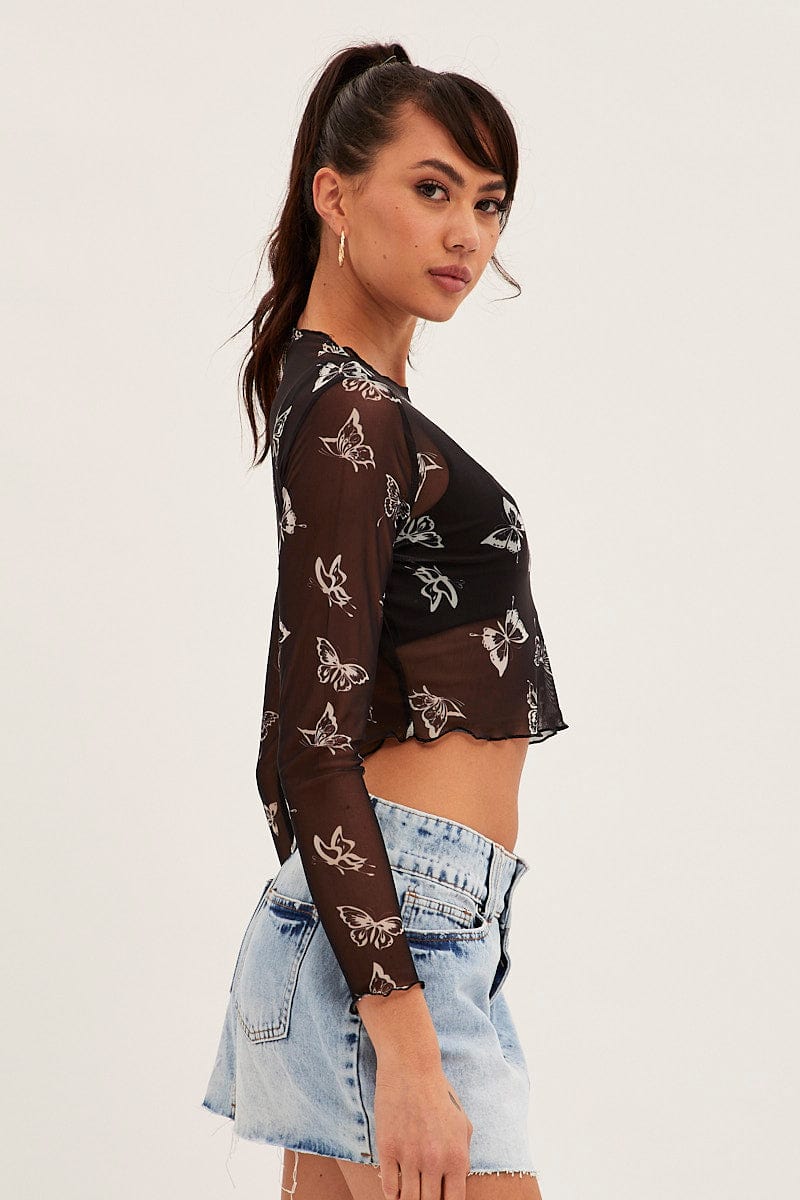 Black Mesh Long Sleeve Crop Top - Image 4