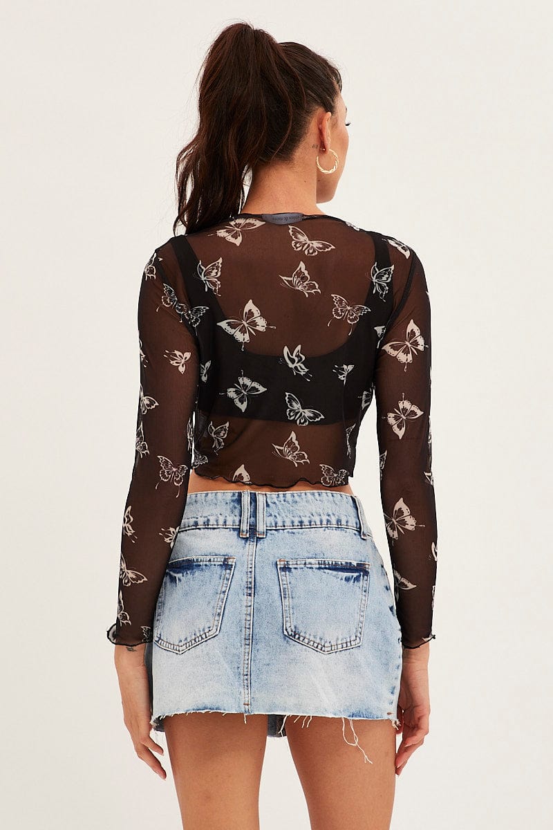 Black Mesh Long Sleeve Crop Top - Image 6