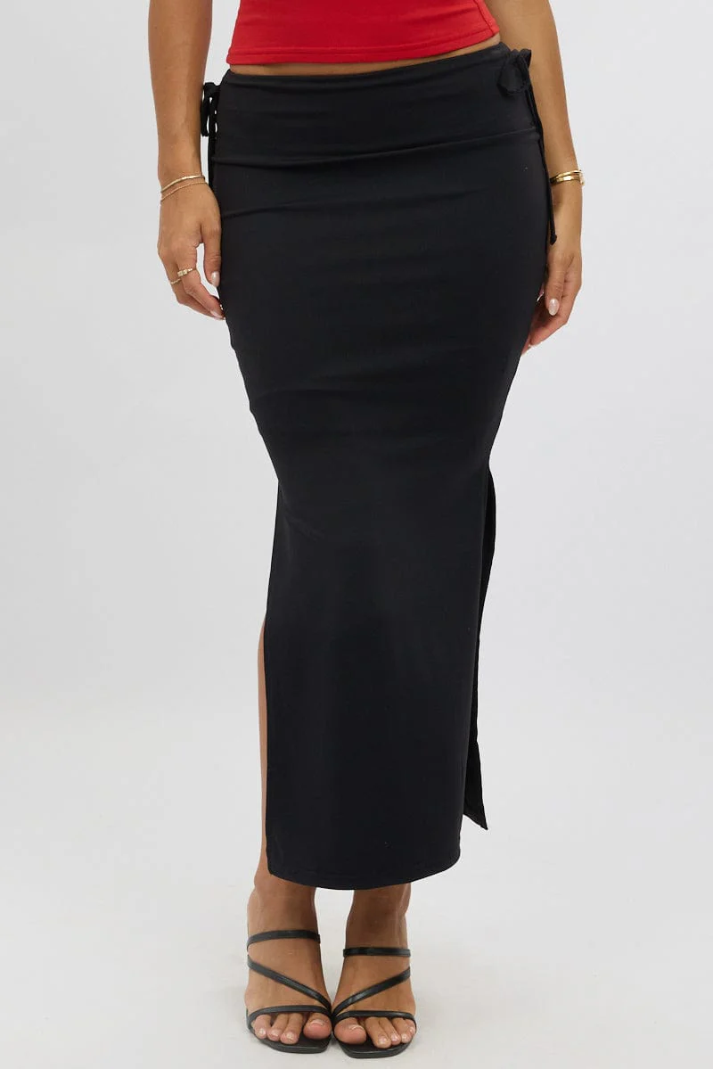 Black Midaxi Skirt Elastic Waist Spliced Bow Supersoft - Image 3