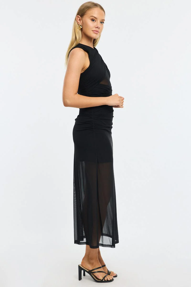 Black Midi Dress Cut Out Detail Mesh - Image 3