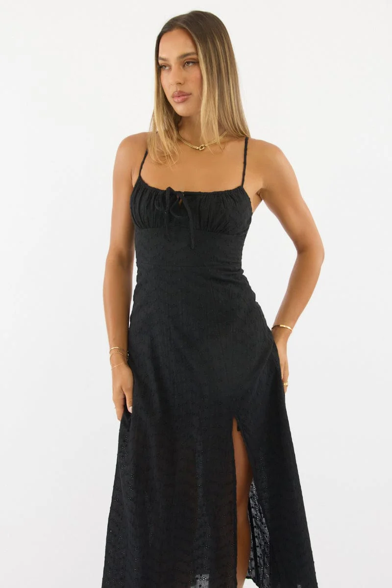 Black Midi Dress Gathered Bust Eyelet Fabric - Image 2