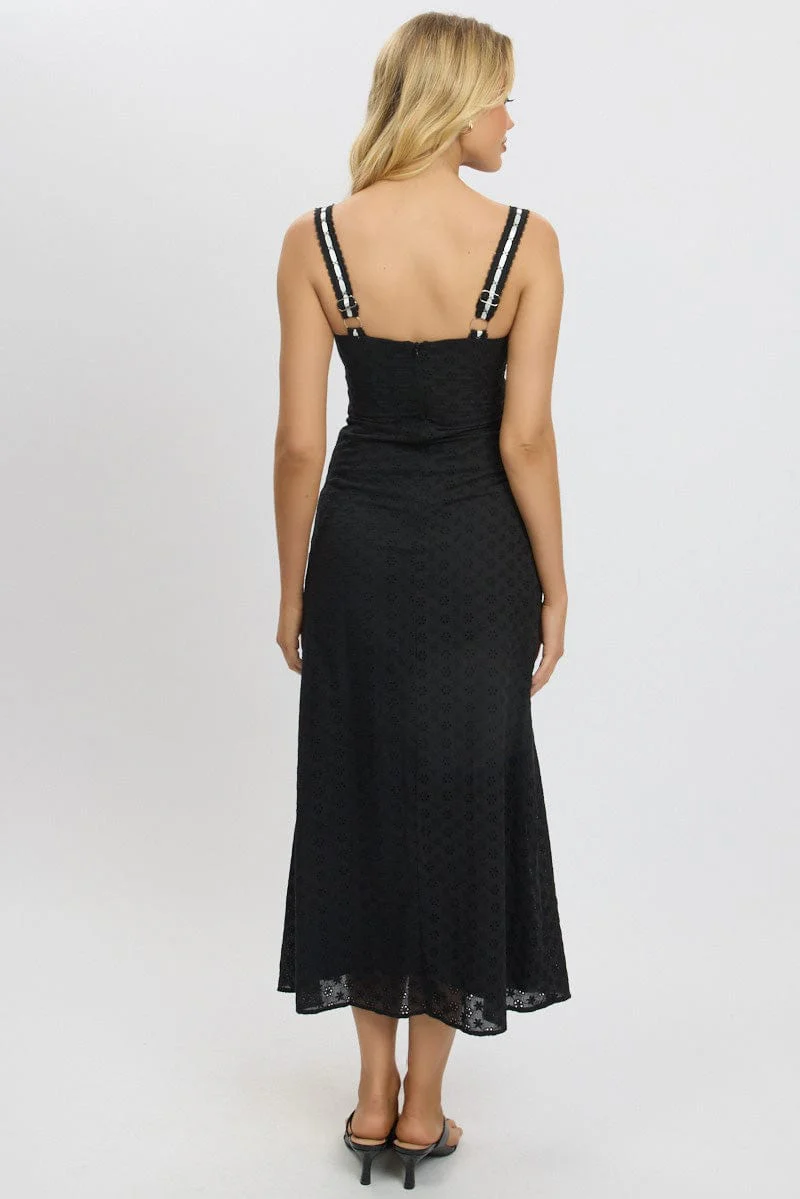 Black Midi Dress Lace Trim Sleeveless Eyelet Fabric - Image 5
