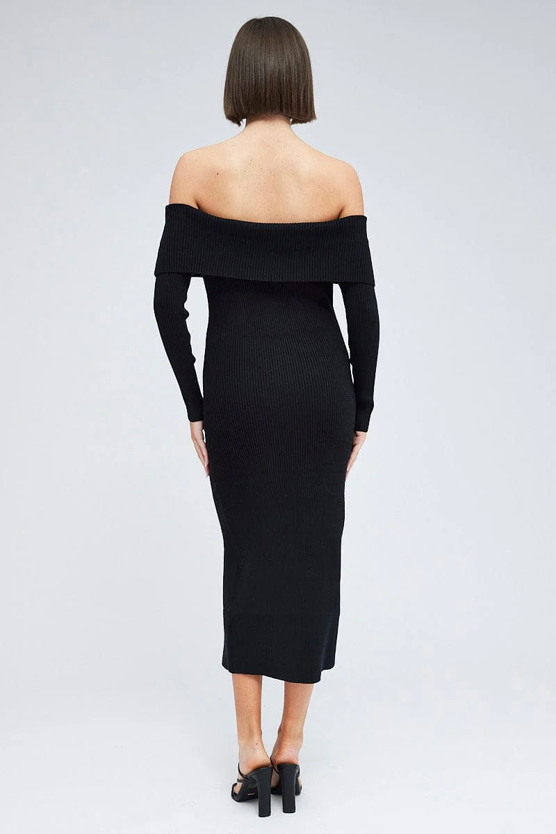 Black Midi Dress Long Sleeve Off Shoulder Bardot Knit - Image 5