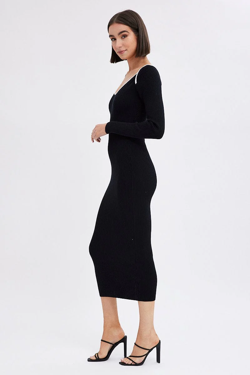 Black Midi Dress Long Sleeve Sweetheart Contrast Bind - Image 4