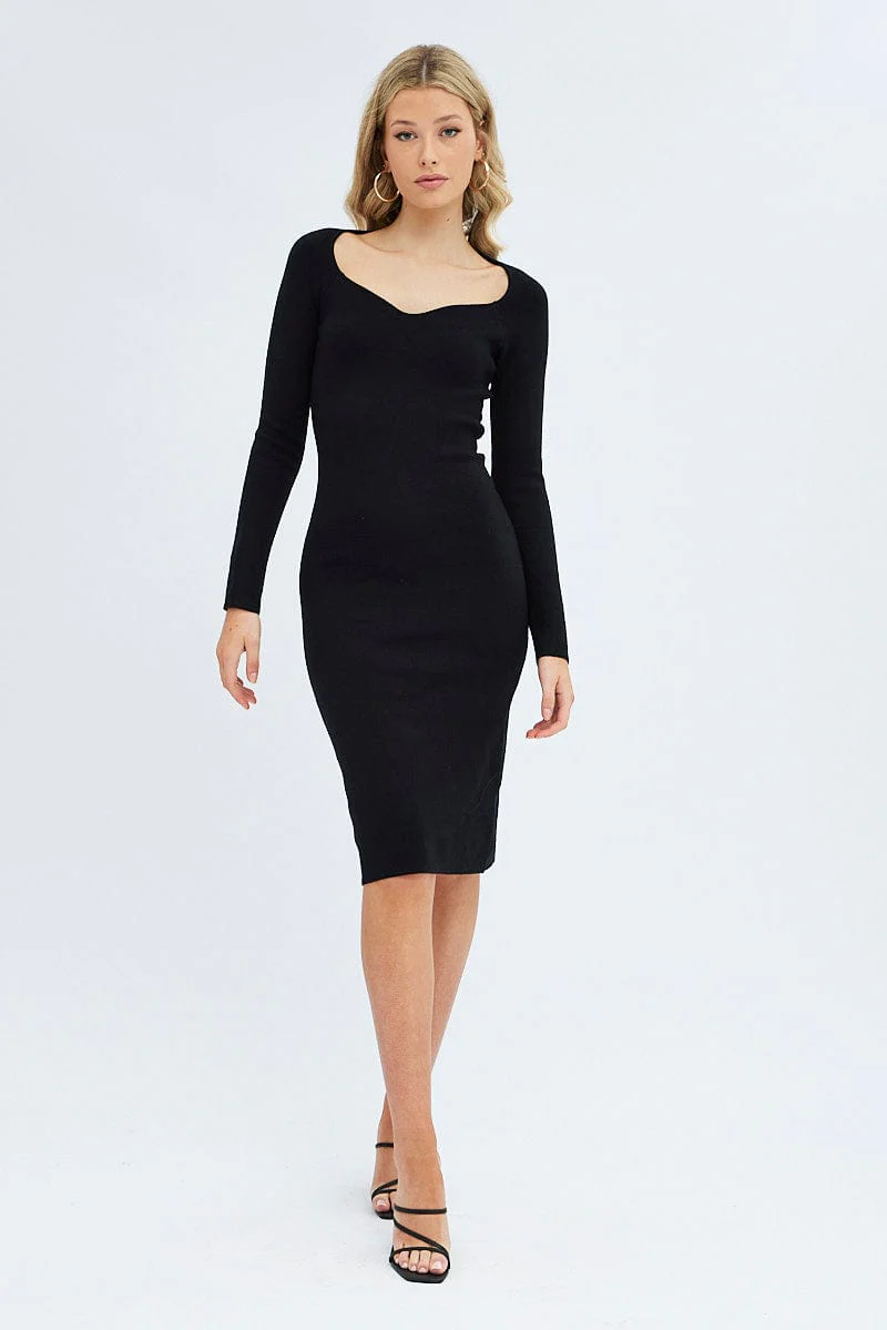 Black Midi Dress Long Sleeve Sweetheart Neckline Knit - Image 3