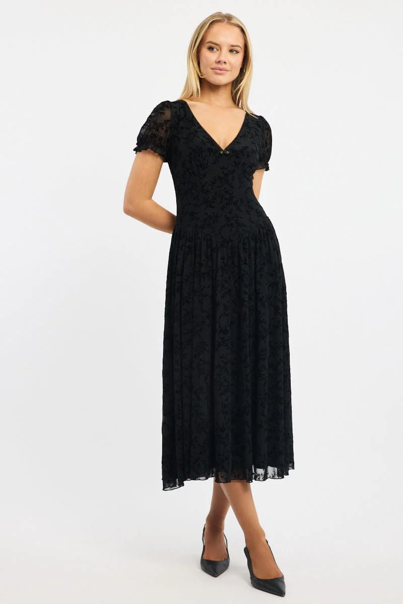 Black Midi Dress Puff Sleeve Burn Out - Image 2