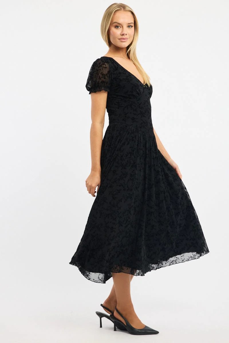 Black Midi Dress Puff Sleeve Burn Out - Image 3