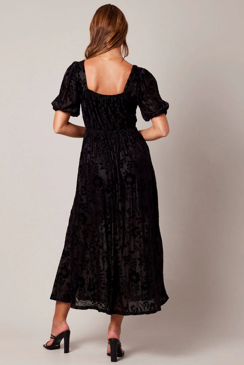 Black Midi Dress Short Sleeve Side Split - Image 5