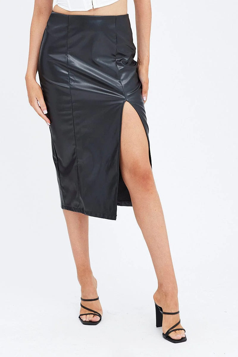 Black Midi Skirt Front Split Faux Leather - Image 2
