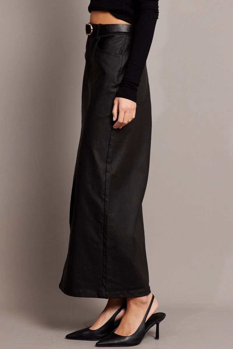Black Midi Skirt High Rise Coated Fabric - Image 4