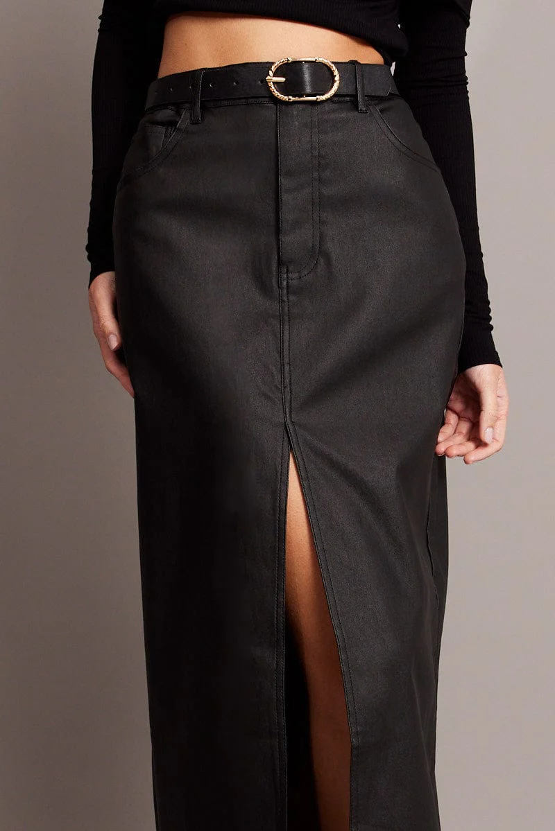 Black Midi Skirt High Rise Coated Fabric - Image 6