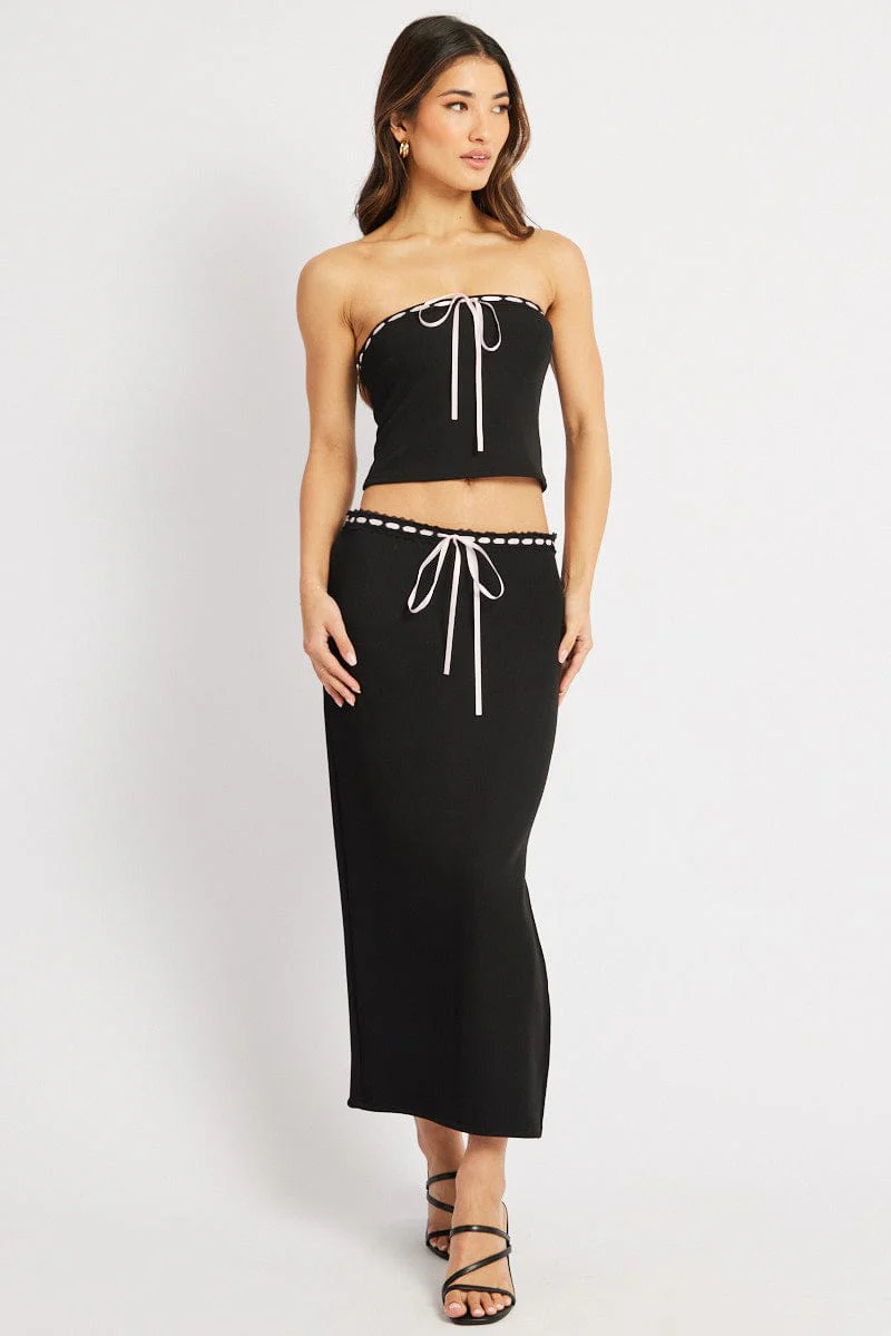 Black Midi Skirt High Rise Lace Detail Rib Jersey - Image 2