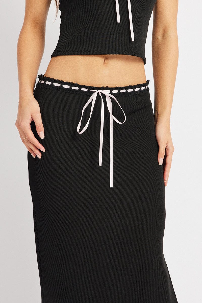 Black Midi Skirt High Rise Lace Detail Rib Jersey - Image 6
