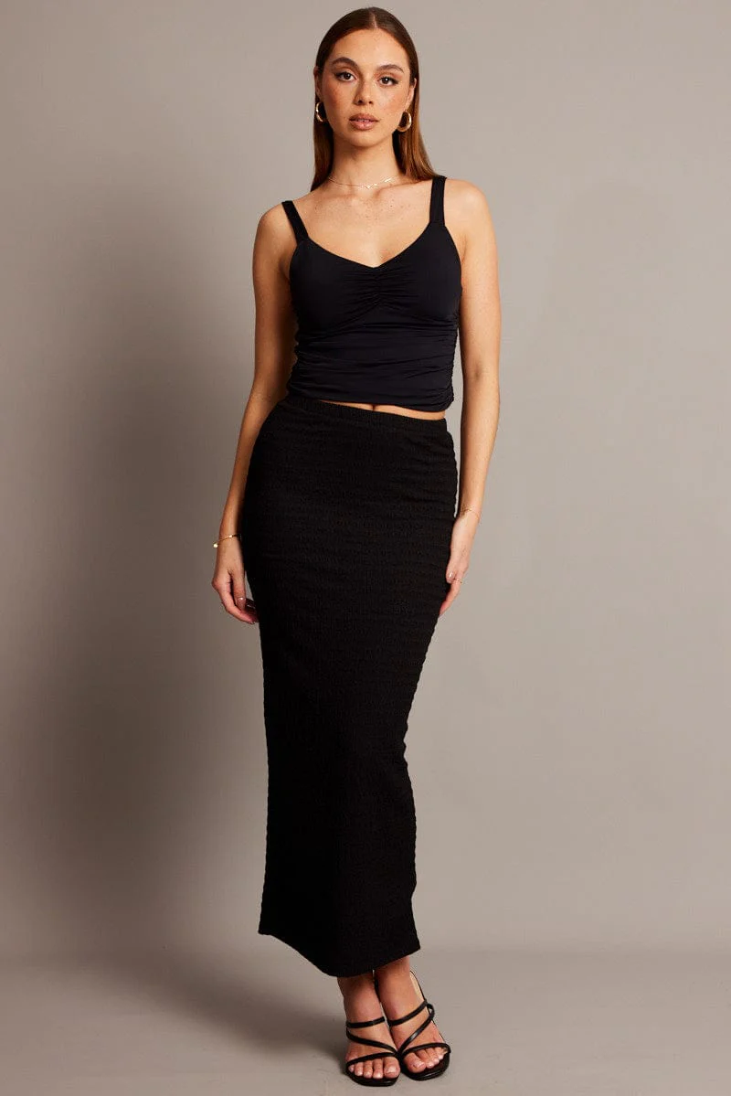 Black Midi Skirt High Rise Textured Jersey - Image 3