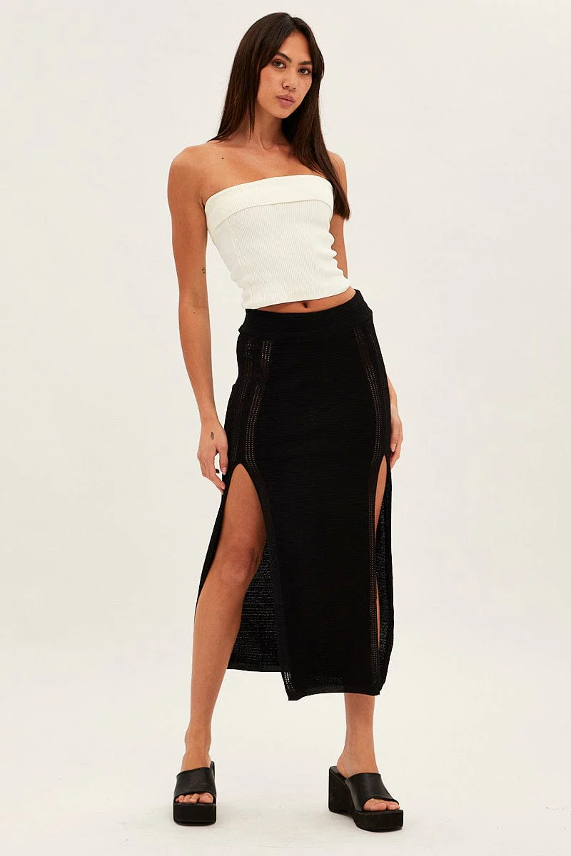 Black Midi Skirt Knit Front Split - Image 3
