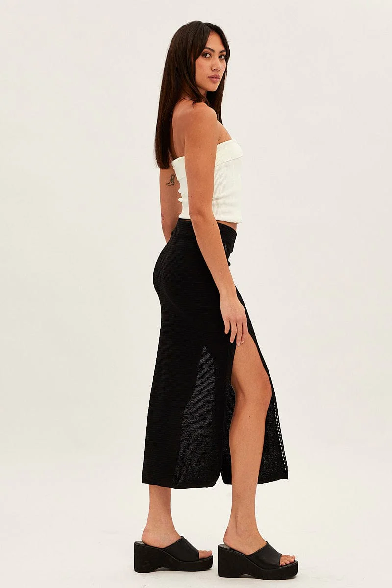 Black Midi Skirt Knit Front Split - Image 4