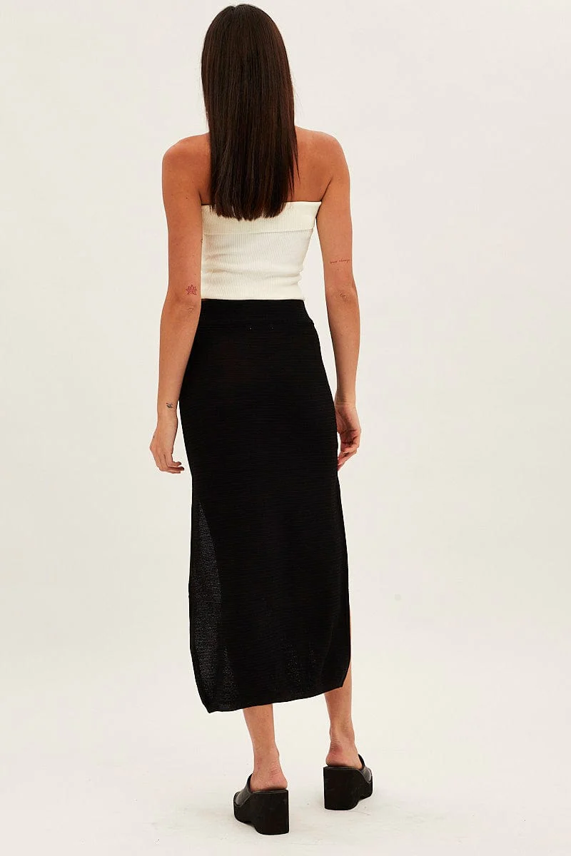 Black Midi Skirt Knit Front Split - Image 5