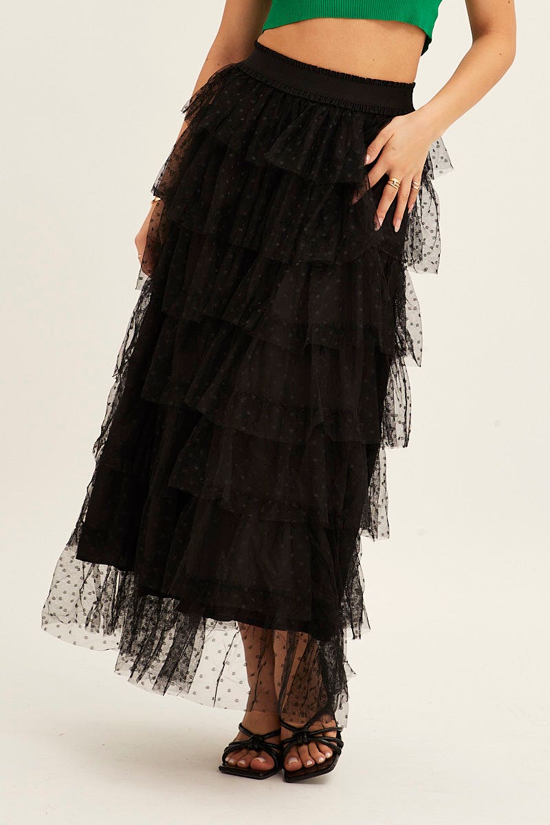 Black Midi Skirt Tulle Elastic Waist Mesh - Image 2