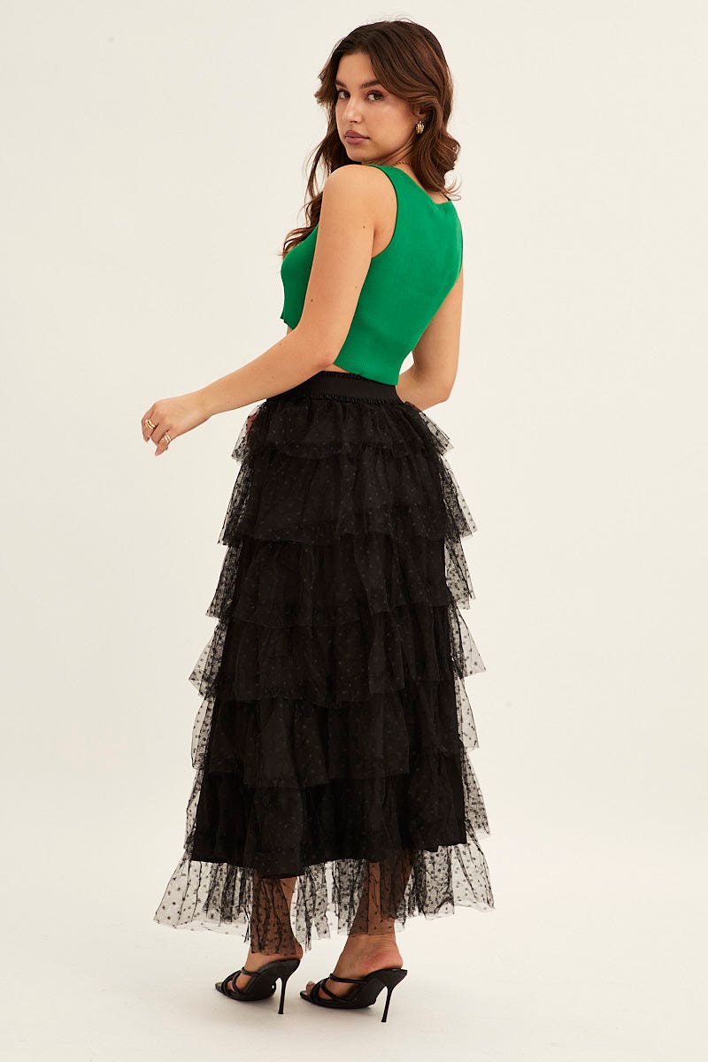Black Midi Skirt Tulle Elastic Waist Mesh - Image 5