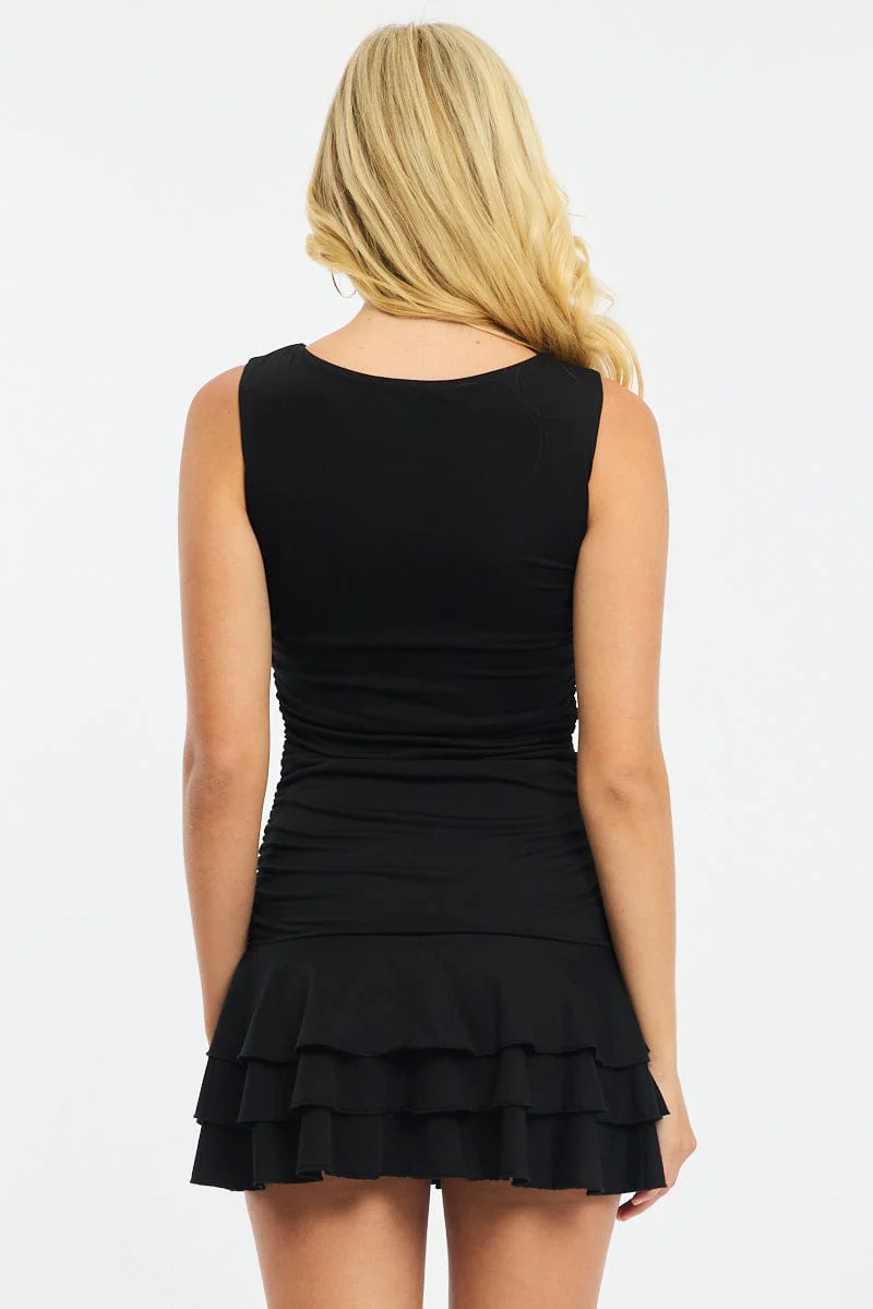 Black Mini Dress Frilled Hem Supersoft - Image 4