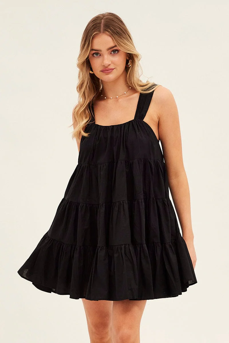 Black Mini Dress Round Neck Tiered Smock - Image 3
