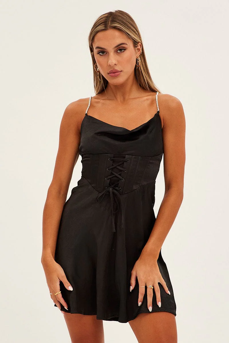 Black Mini Dress Sleeveless Cowl Neck Diamantes Corset - Image 3
