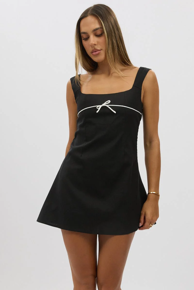 Black Mini Dress Square Neck Mini Ribbon Detail - Image 3