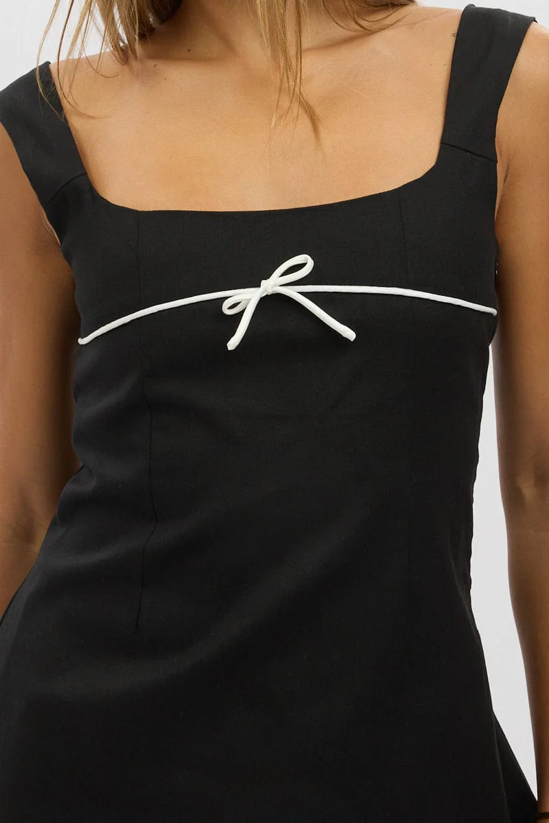 Black Mini Dress Square Neck Mini Ribbon Detail - Image 6