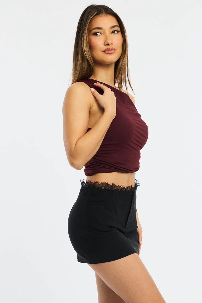 Black Mini Skirt Mid Waisted Bengaline Lace Trim Detail - Image 4