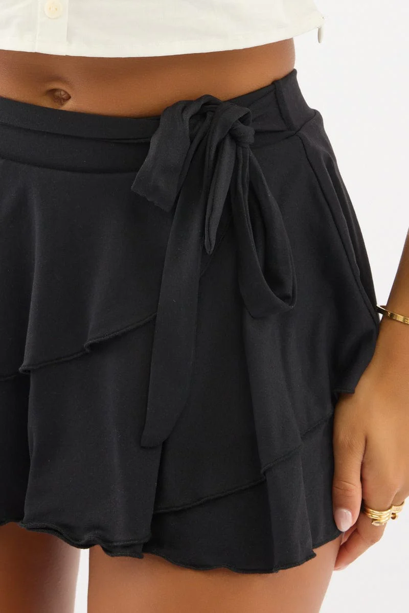 Black Mini Skort Skirt Mid Rise Ruffle Layered Lined Supersoft - Image 5