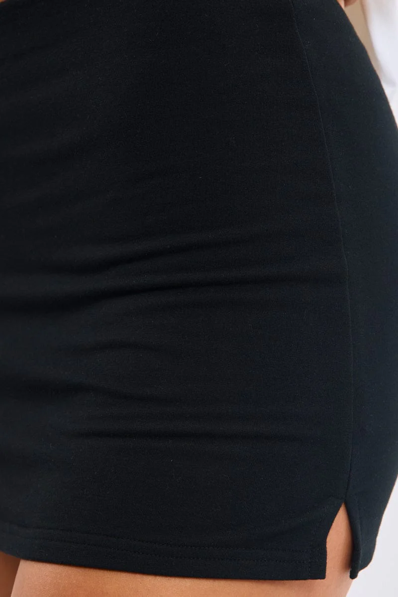 Black Mini Skort Skirt Elasticated Waist Side Split - Image 5