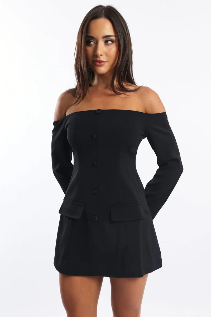 Black Off Shoulder Mini Dress Long Sleeve
