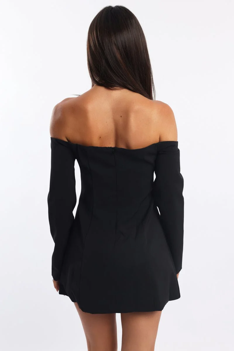 Black Off Shoulder Mini Dress Long Sleeve - Image 4
