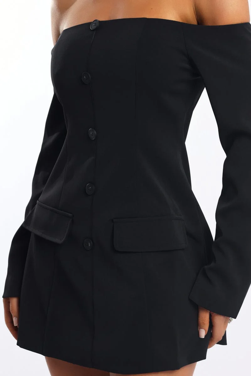 Black Off Shoulder Mini Dress Long Sleeve - Image 5