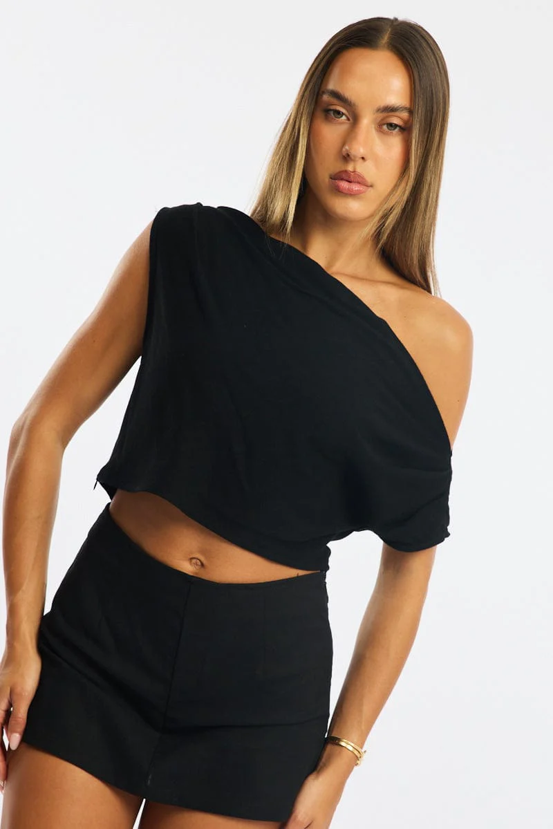 Black Off Shoulder Top Linen Blend