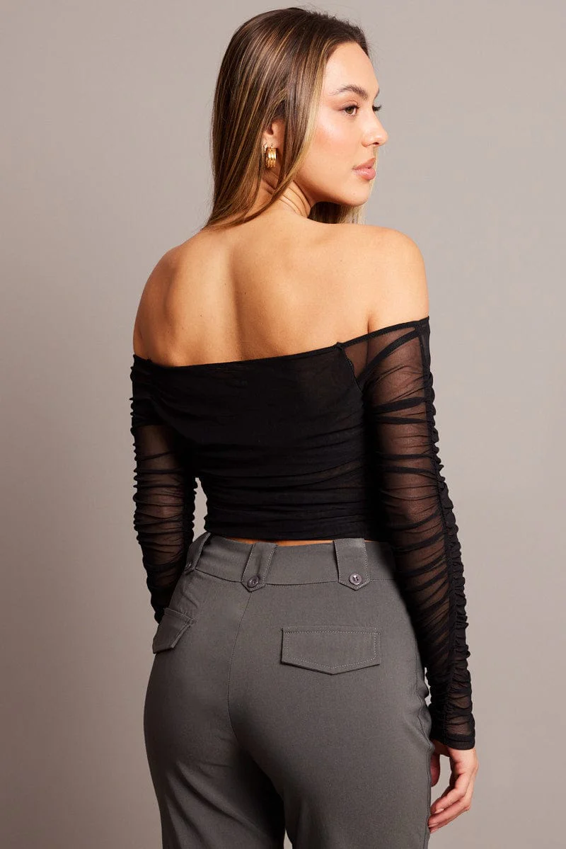 Black Off Shoulder Top Long Sleeve Mesh - Image 5