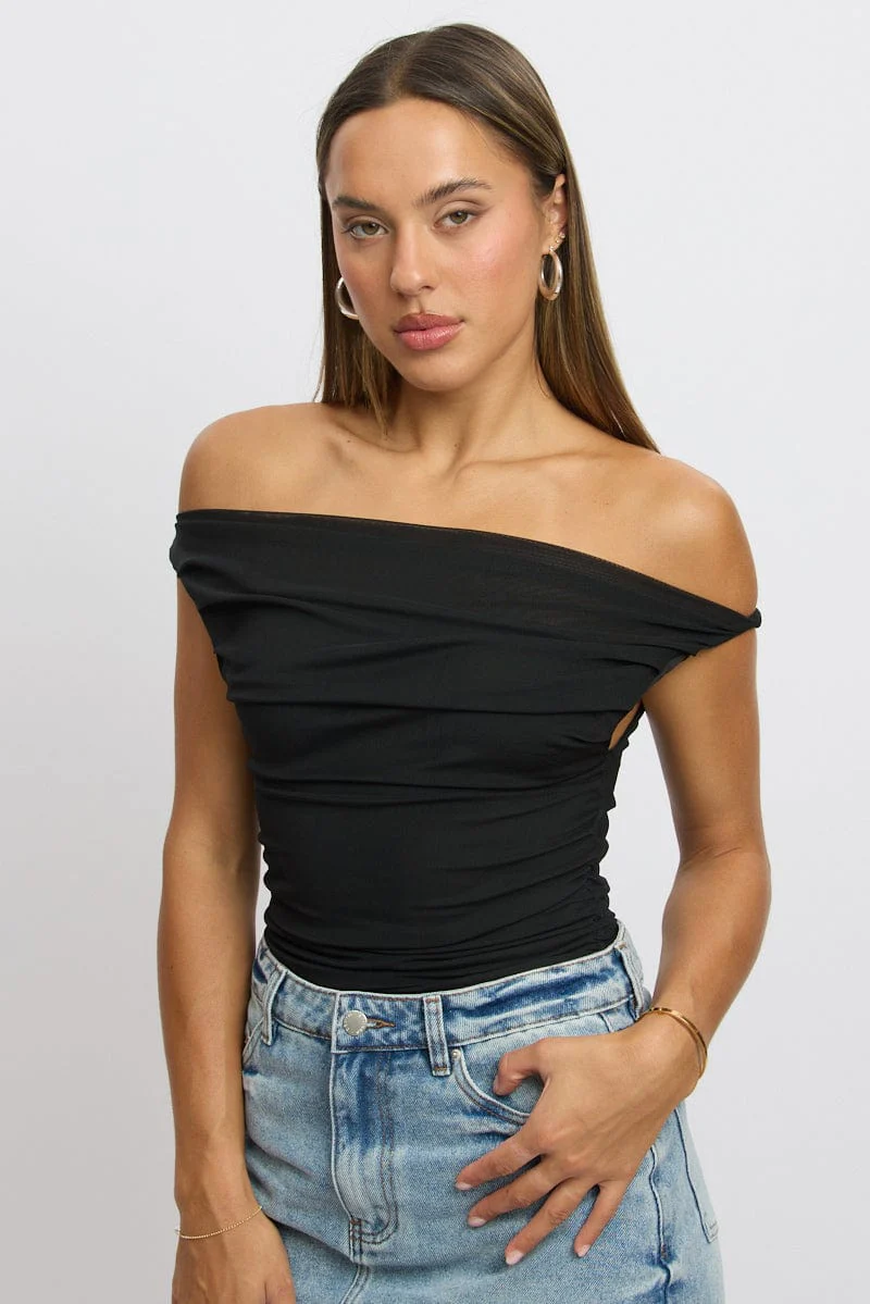Black Off Shoulder Top Mesh - Image 3