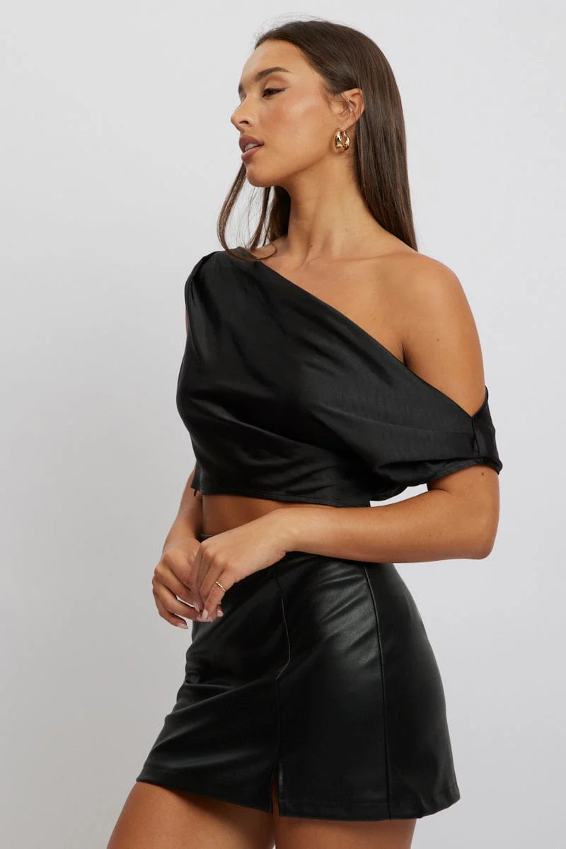 Black On Off Shoulder Satin Top - Image 4