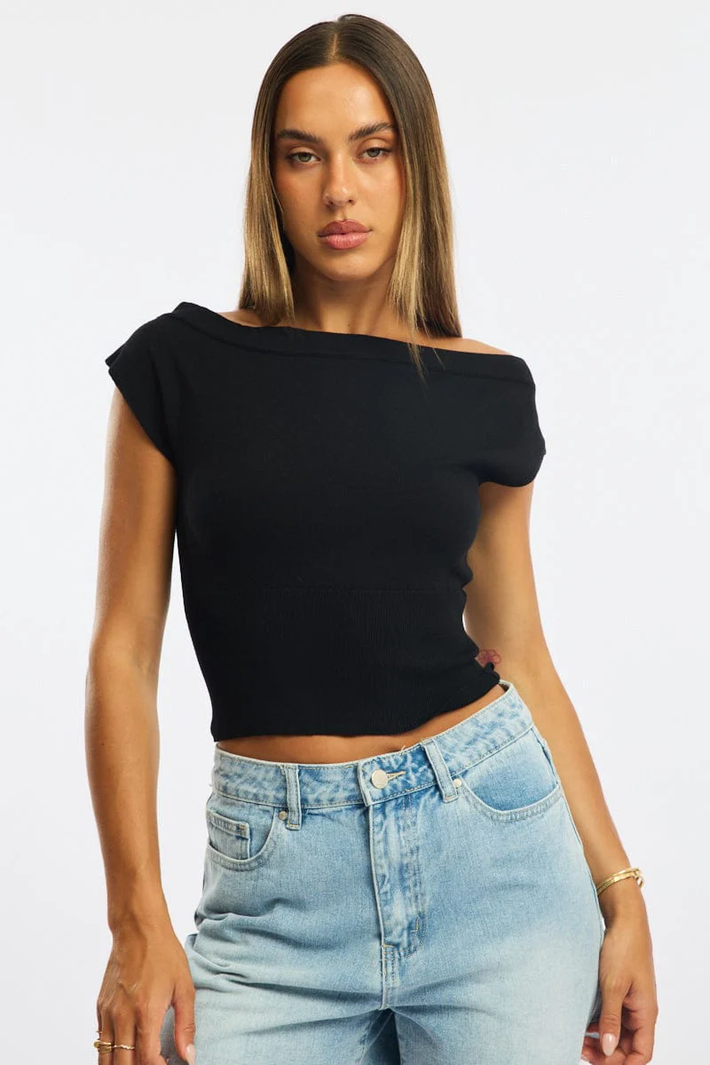 Black One Shoulder Knit Top