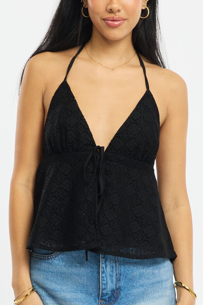 Black Open Crochet Top Sleeveless Halter Neck - Image 5