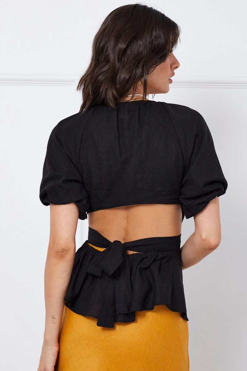 Black Peplum Blouse Short Sleeve Linen - Image 5