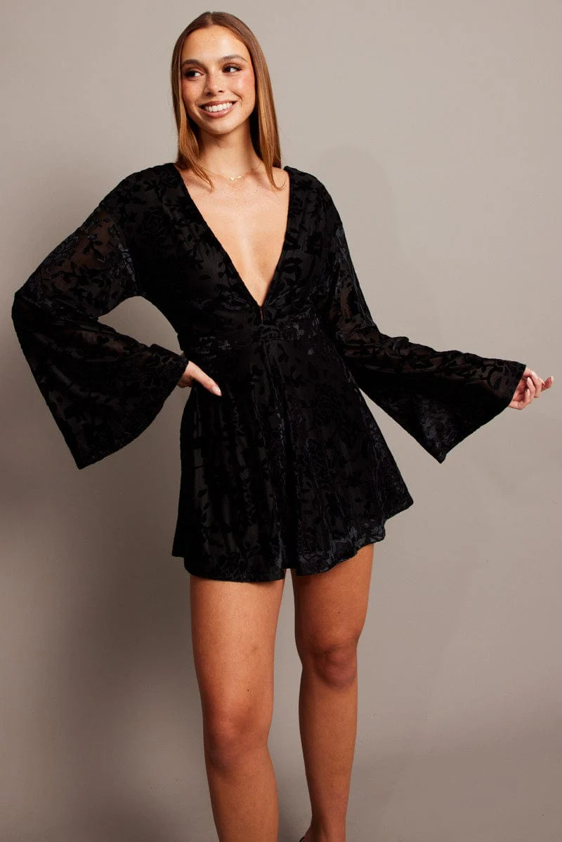 Black Playsuit Flare Sleeve Velvet Burnout Devore - Image 2