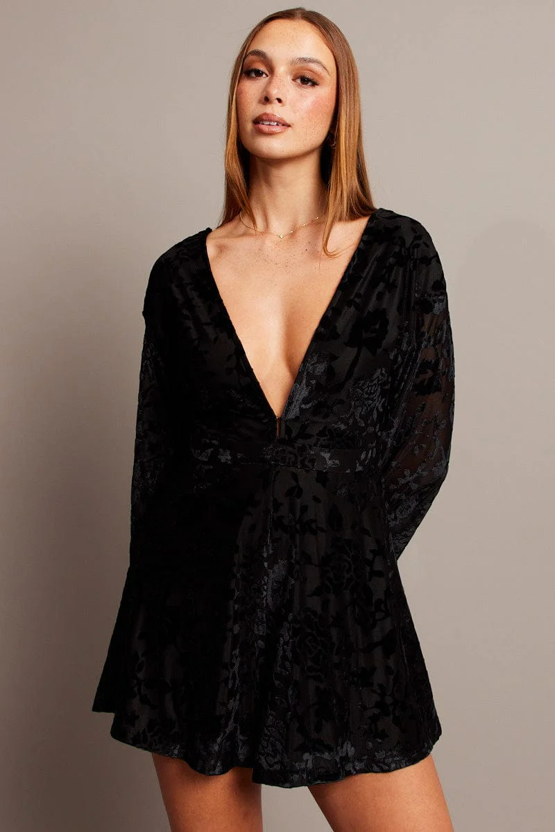 Black Playsuit Flare Sleeve Velvet Burnout Devore - Image 3