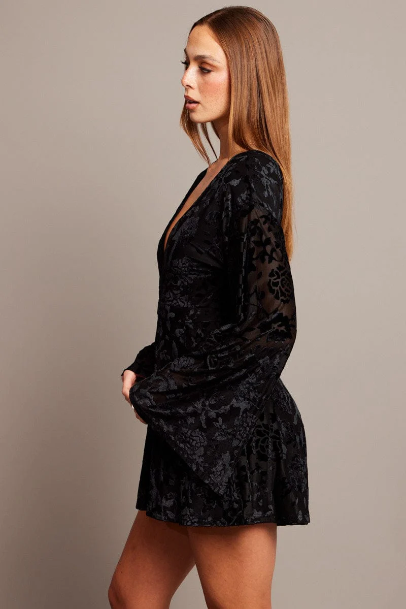 Black Playsuit Flare Sleeve Velvet Burnout Devore - Image 4