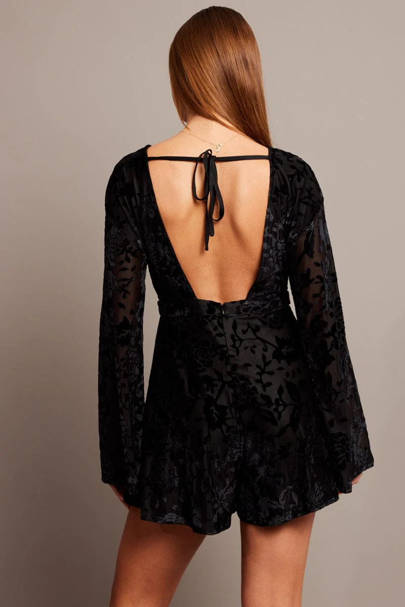 Black Playsuit Flare Sleeve Velvet Burnout Devore - Image 5